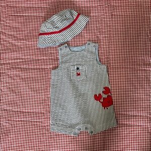 Little Me Gray and Red Striped Romper with Hat